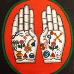 Painting of two open hands with sacred Buddhist symbols 