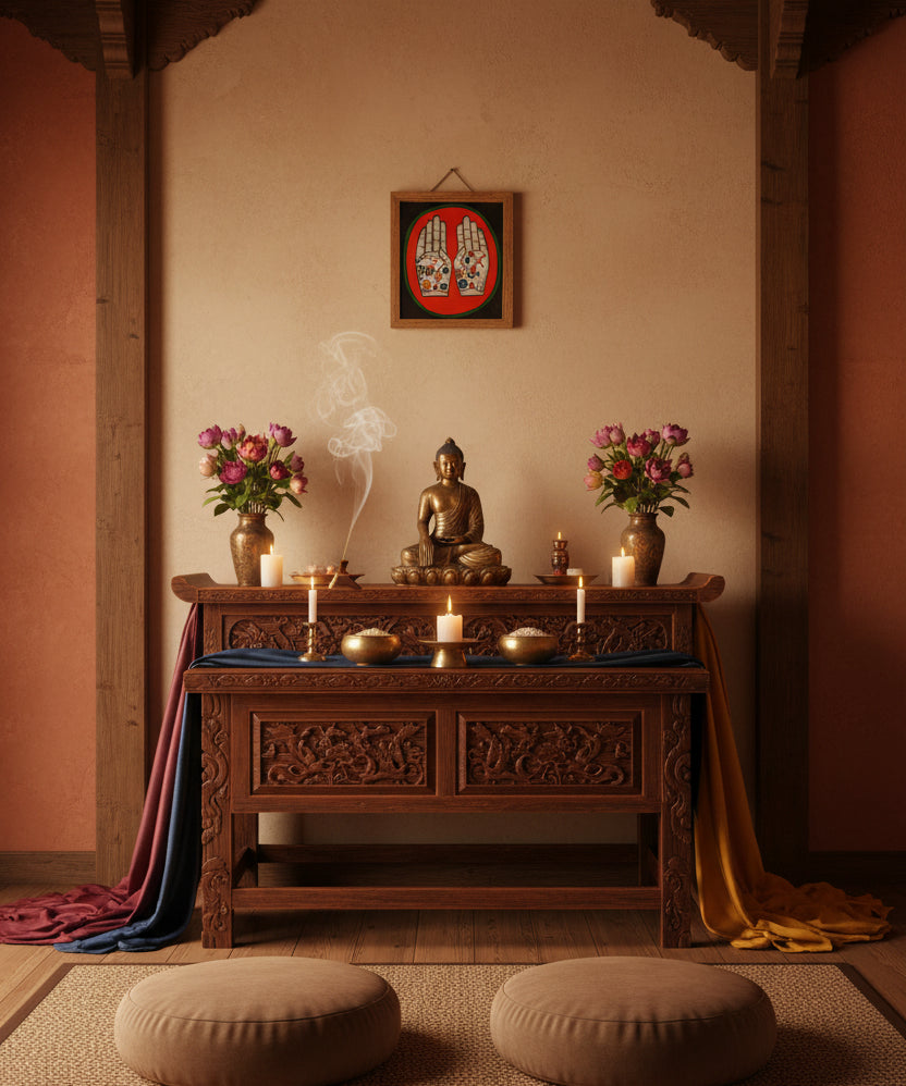 Painting of two open hands with sacred Buddhist symbols 