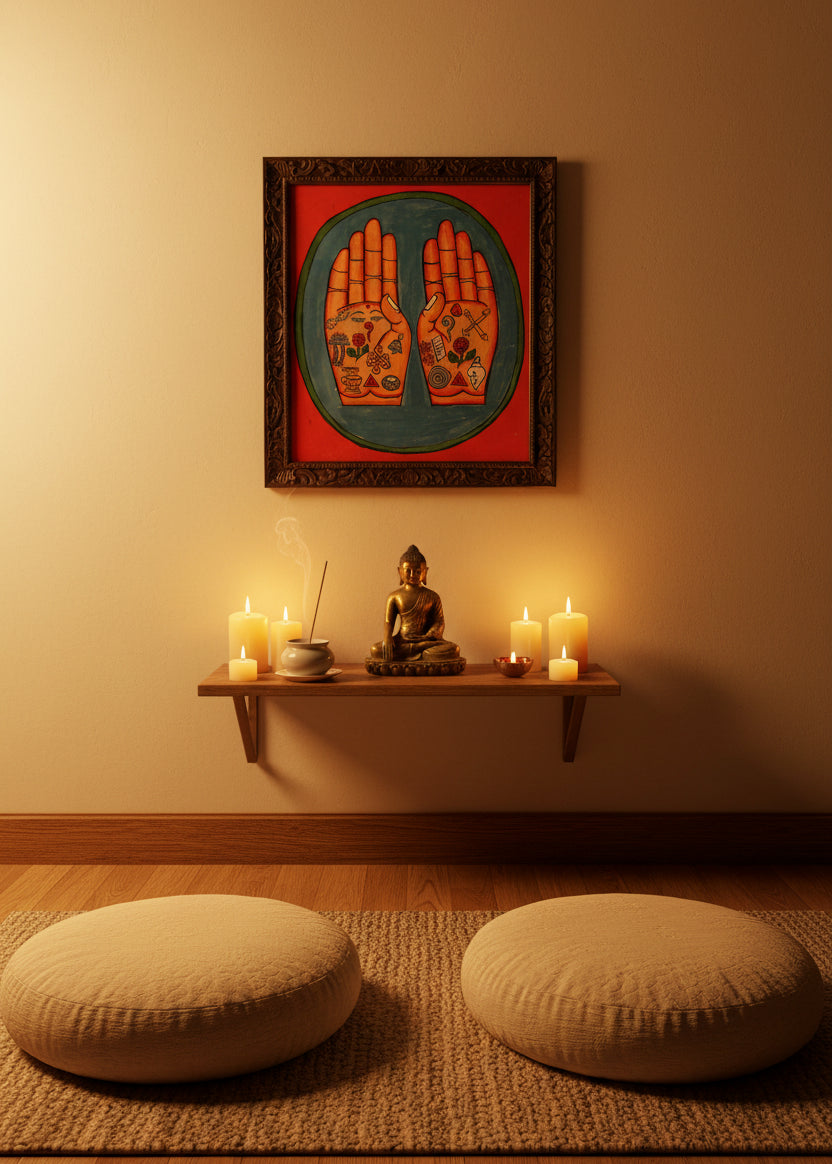Painting of two open hands with sacred Buddhist symbols 