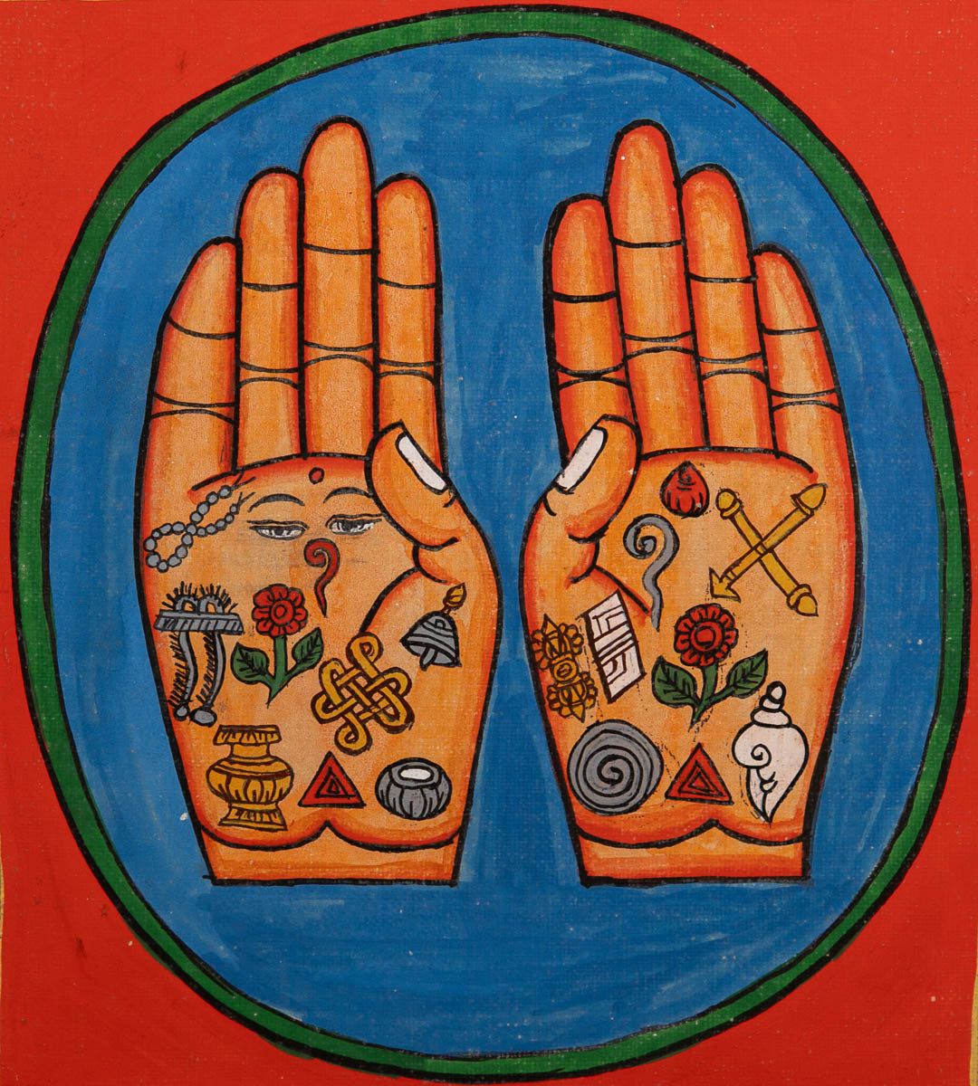 Painting of two open hands with sacred Buddhist symbols 
