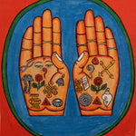 Painting of two open hands with sacred Buddhist symbols 