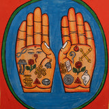 Painting of two open hands with sacred Buddhist symbols 