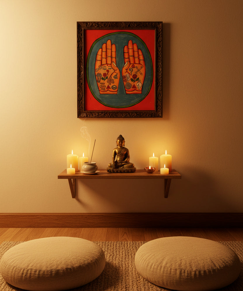 Painting of two open hands with sacred Buddhist symbols 