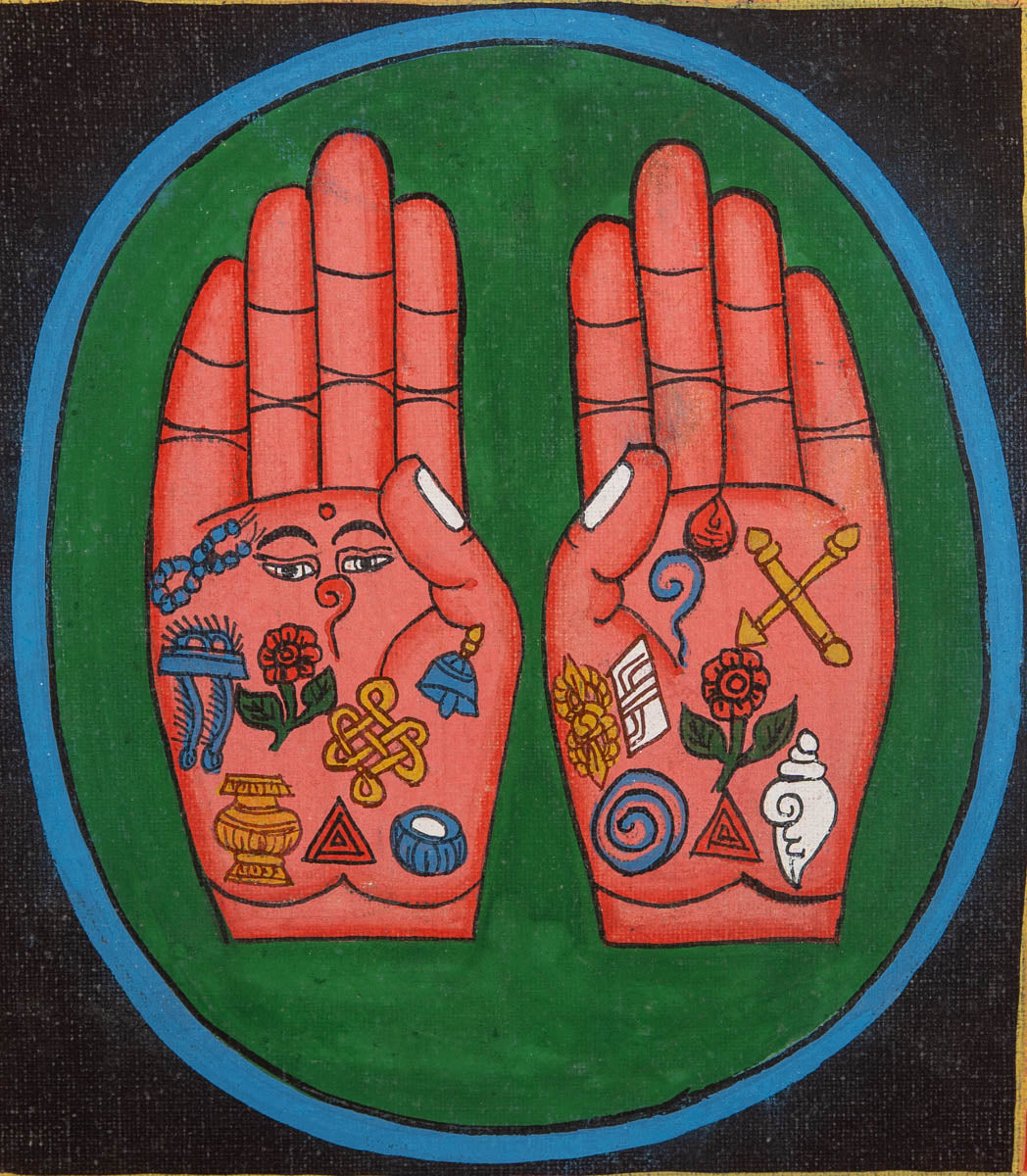 Painting of two open hands with sacred Buddhist symbols 