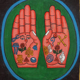 Painting of two open hands with sacred Buddhist symbols 