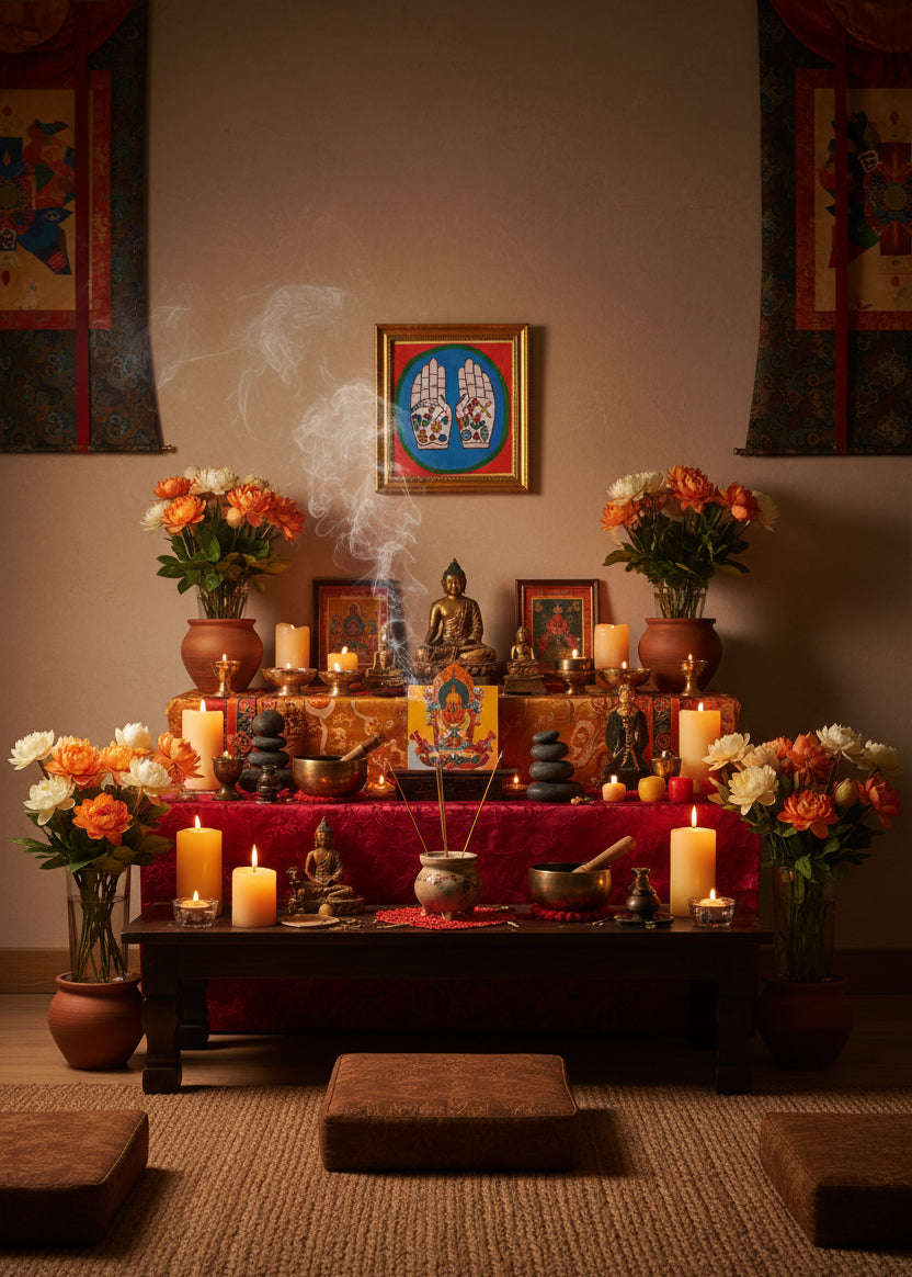 Painting of two open hands with sacred Buddhist symbols 