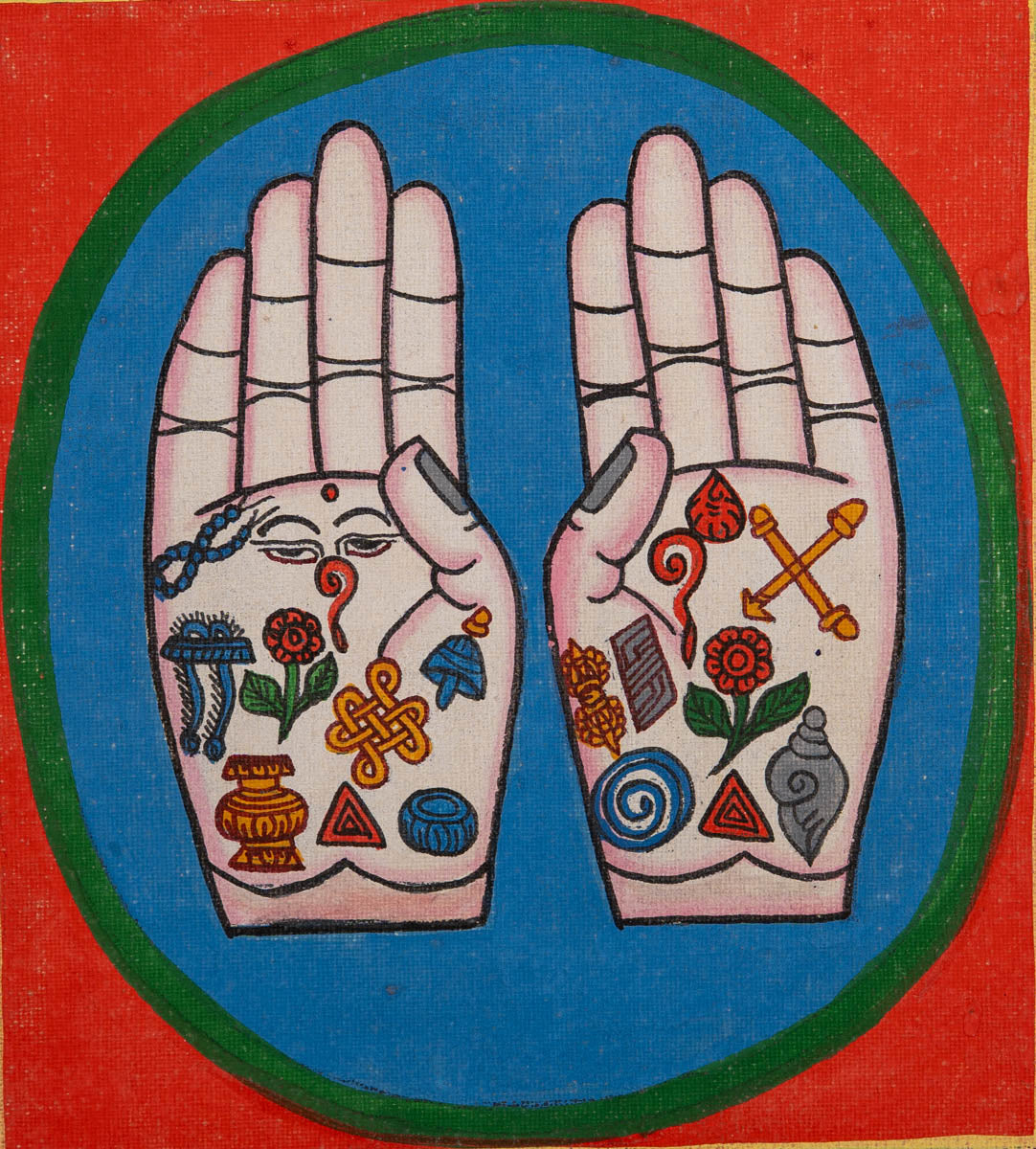 Painting of two open hands with sacred Buddhist symbols 
