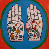 Painting of two open hands with sacred Buddhist symbols 