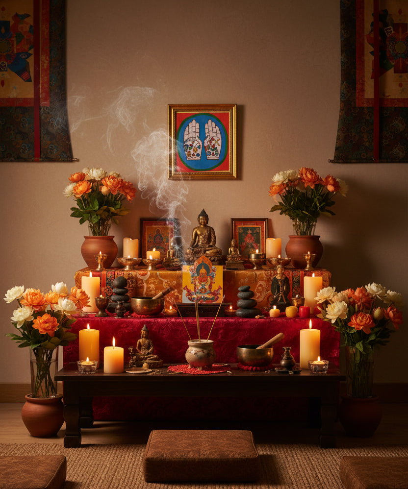 Painting of two open hands with sacred Buddhist symbols 
