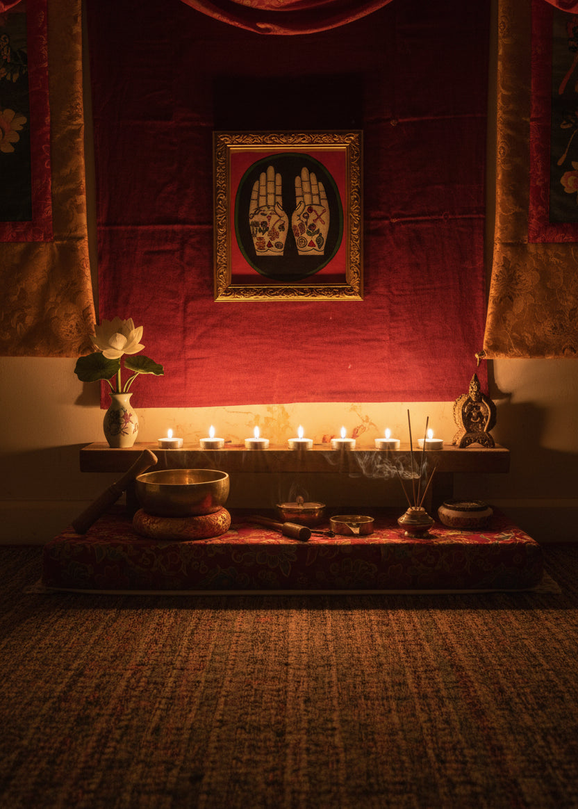 Painting of two open hands with sacred Buddhist symbols 