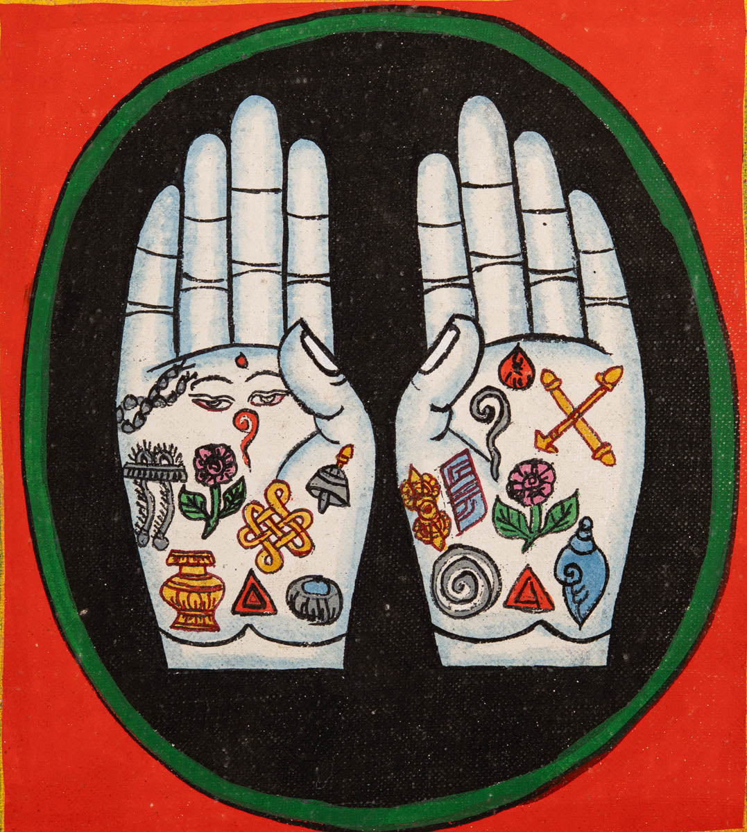 Painting of two open hands with sacred Buddhist symbols 