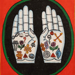 Painting of two open hands with sacred Buddhist symbols 