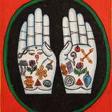 Painting of two open hands with sacred Buddhist symbols 