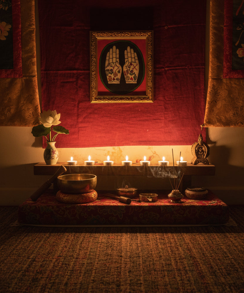 Painting of two open hands with sacred Buddhist symbols 