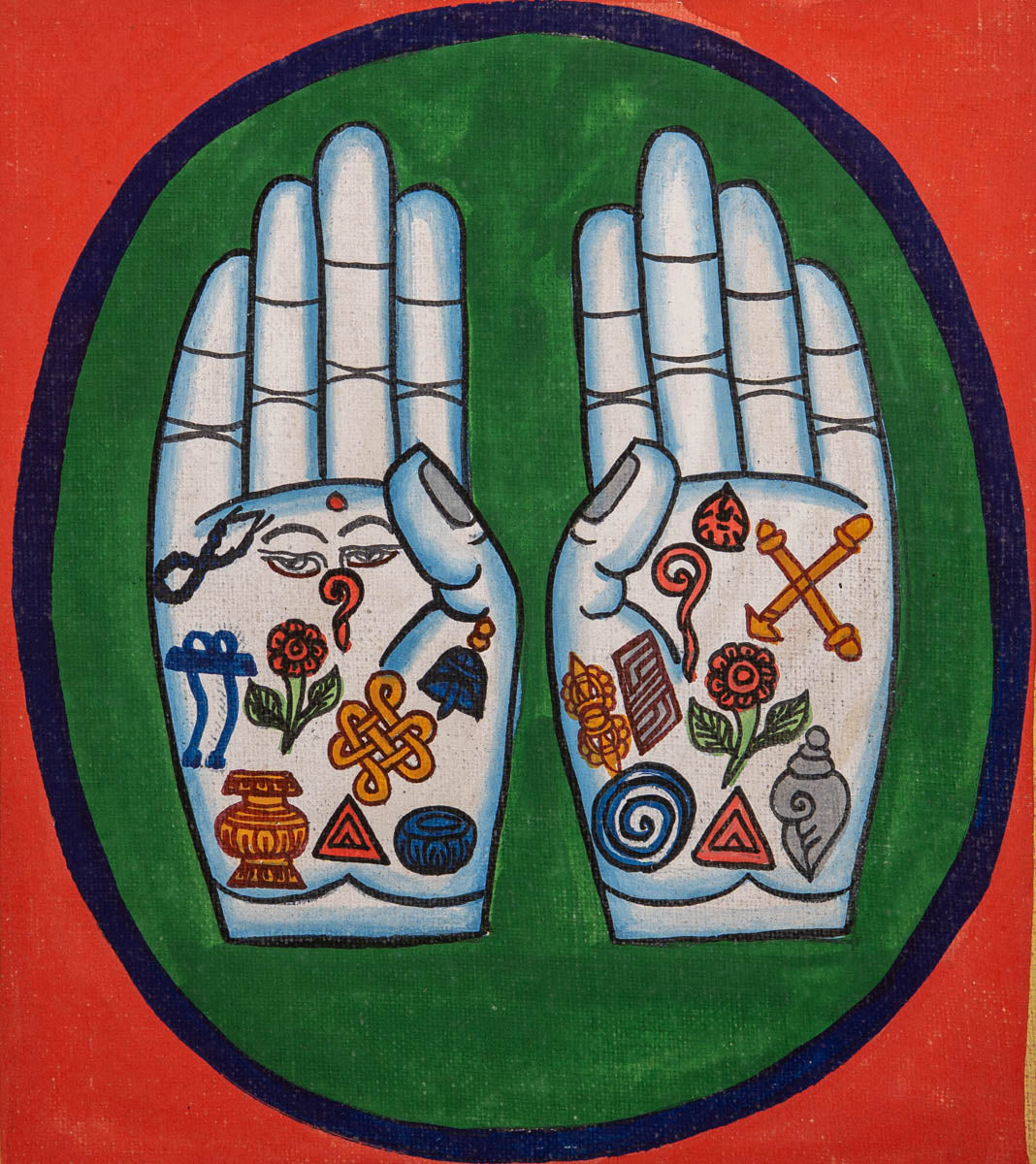 Painting of two open hands with sacred Buddhist symbols 