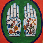 Painting of two open hands with sacred Buddhist symbols 