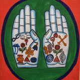 Painting of two open hands with sacred Buddhist symbols 