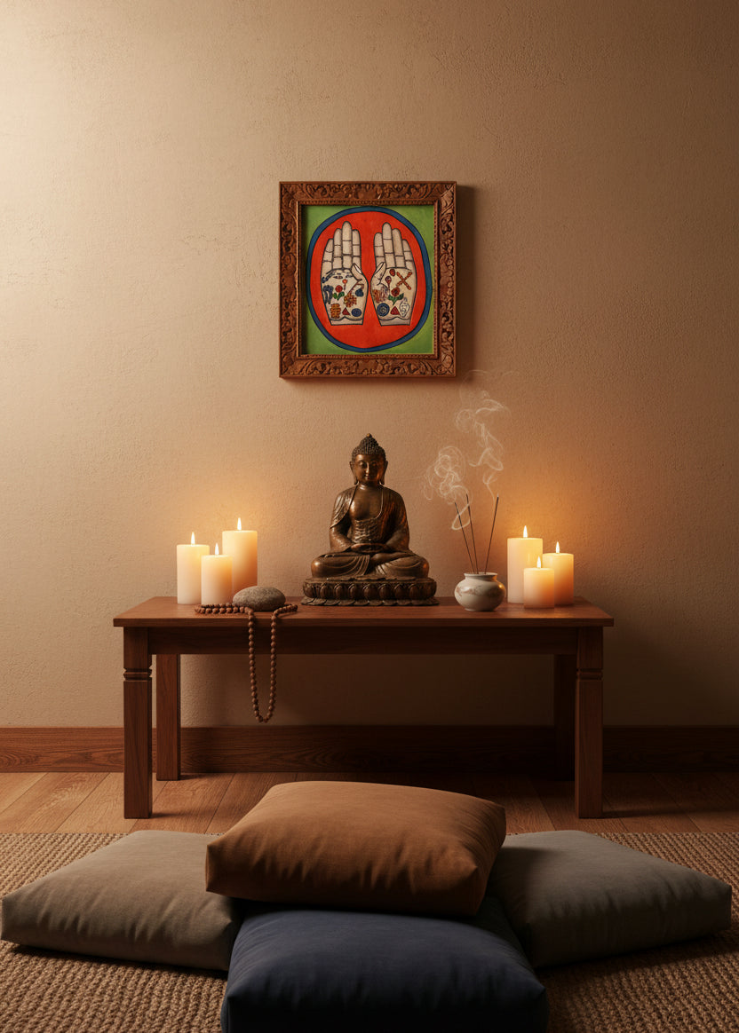 Painting of two open hands with sacred Buddhist symbols 