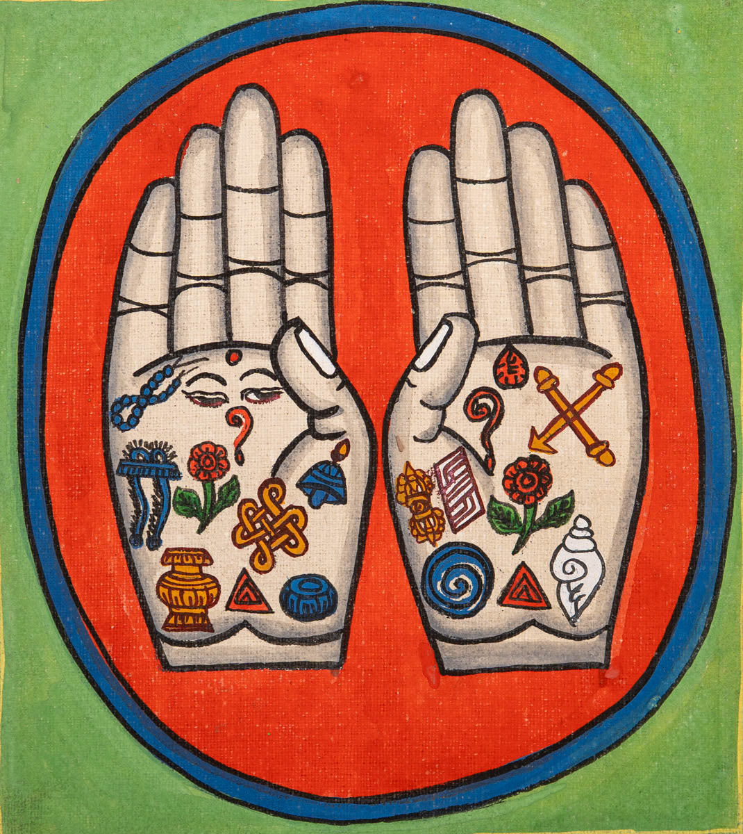 Painting of two open hands with sacred Buddhist symbols 