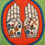 Painting of two open hands with sacred Buddhist symbols 