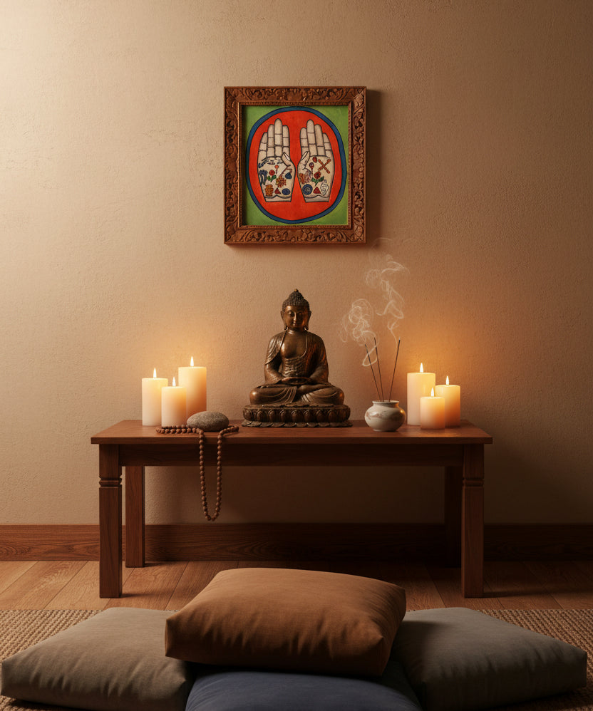 Painting of two open hands with sacred Buddhist symbols 