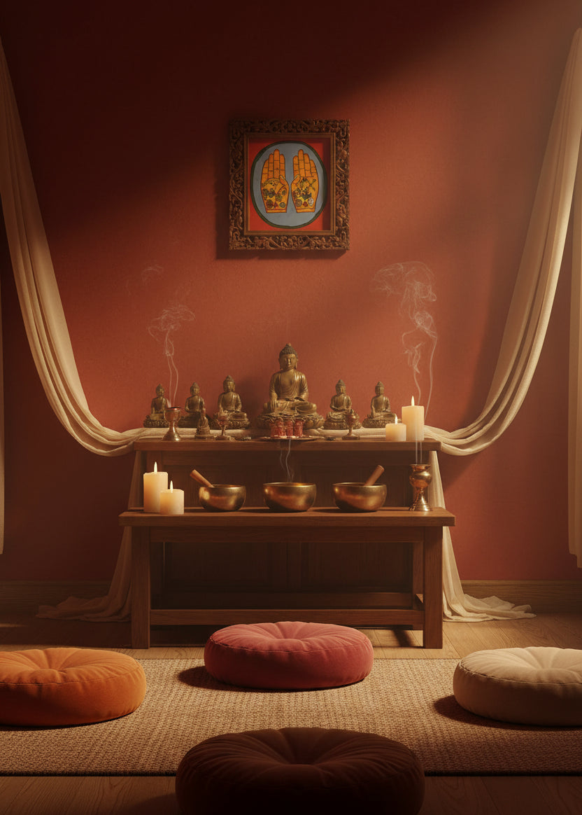 Painting of two open hands with sacred Buddhist symbols 