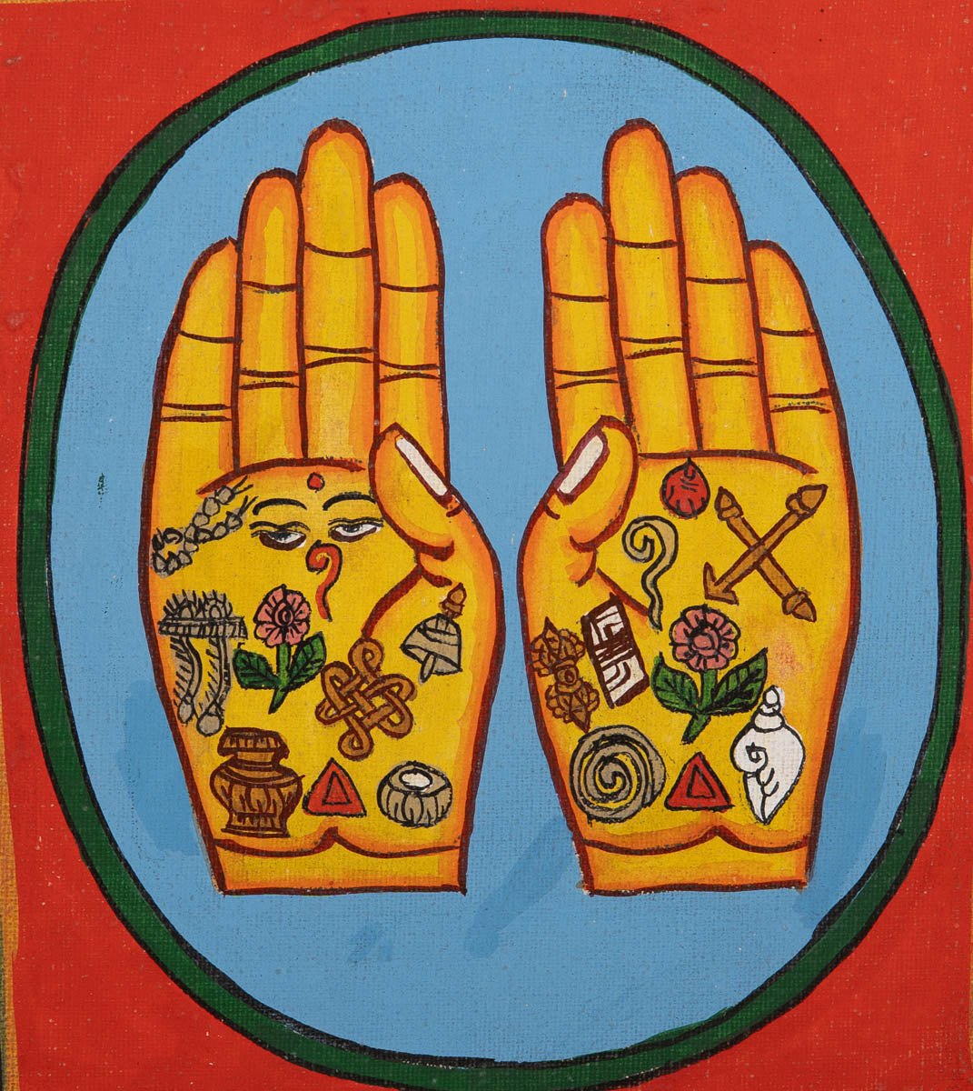 Painting of two open hands with sacred Buddhist symbols 