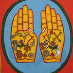 Painting of two open hands with sacred Buddhist symbols 