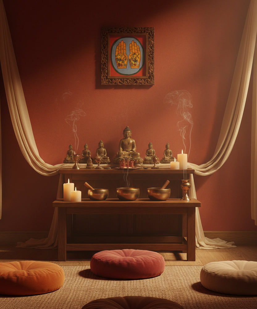 Painting of two open hands with sacred Buddhist symbols 