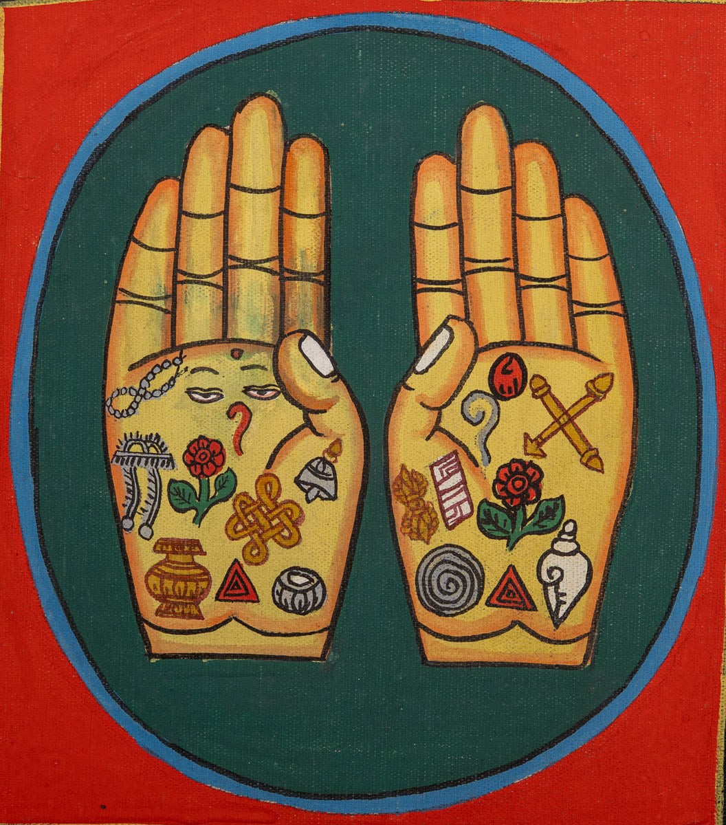 Painting of two open hands with sacred Buddhist symbols 