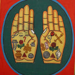 Painting of two open hands with sacred Buddhist symbols 