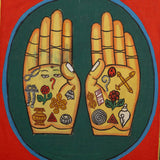 Painting of two open hands with sacred Buddhist symbols 