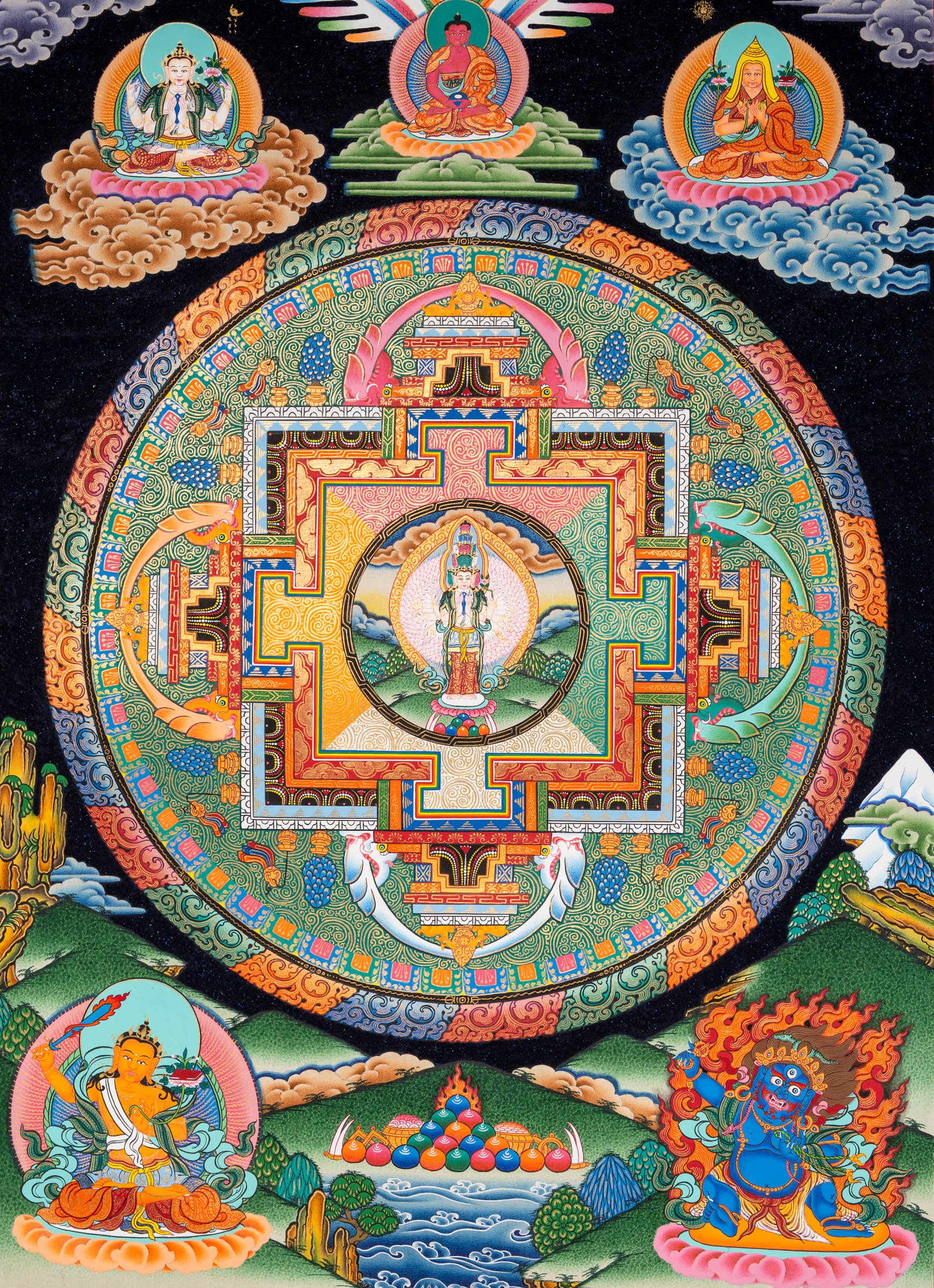 Avalokiteshvara Mandala Thangka with Lapis Stone Pigments