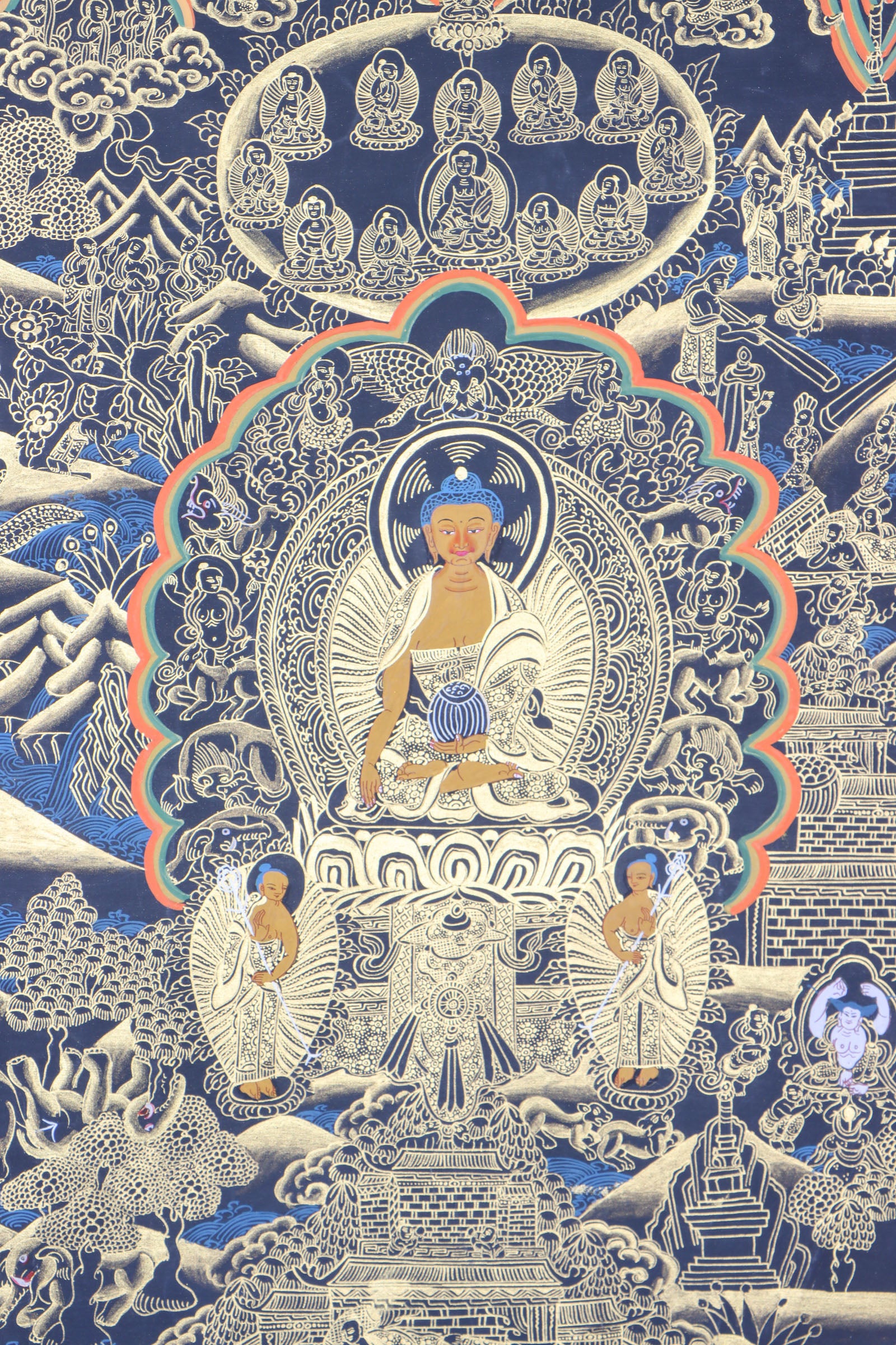 The Buddha Life Thangka represents the essence of the Buddha's life tale.