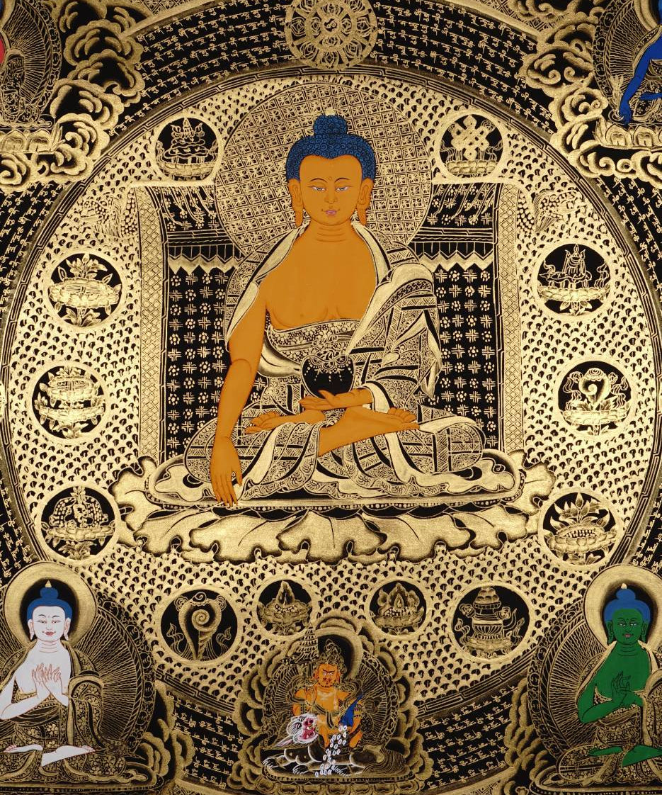 Buddha Mandala Thangka Painting - Tibetan art on Black and Gold