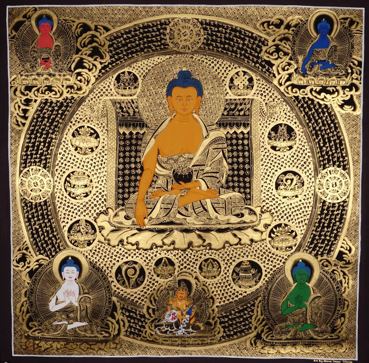 Buddha Mandala Thangka Painting - Tibetan art on Black & Gold