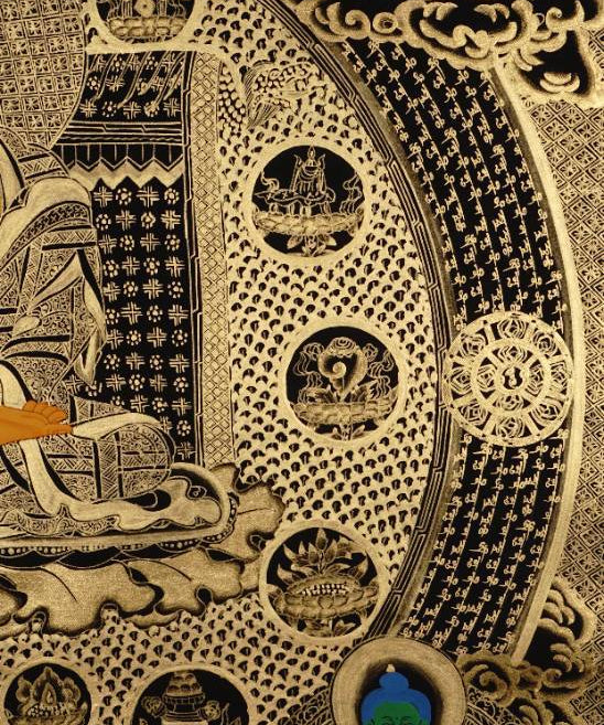 Buddha Mandala Thangka Painting - Tibetan art on Black and Gold