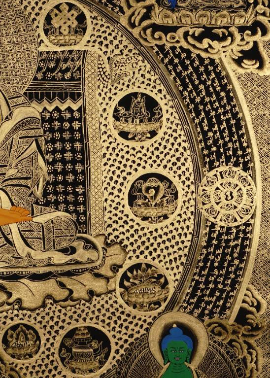 Buddha Mandala Thangka Painting - Tibetan art on Black and Gold