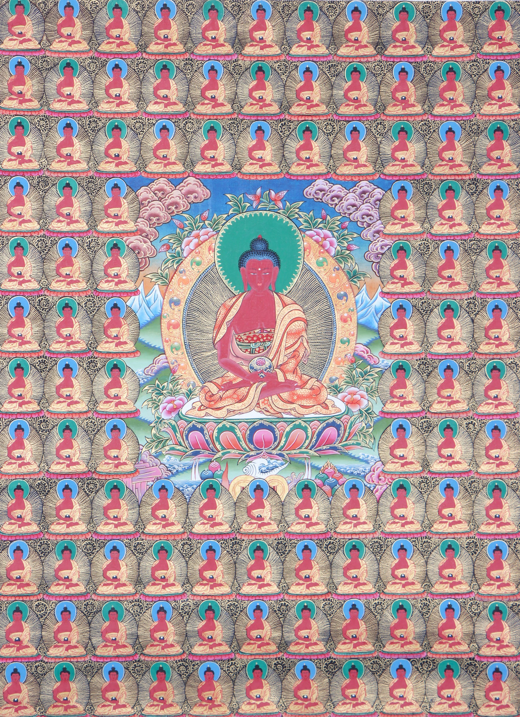 108 Buddha Thangka is an effective visual aid for meditation, contemplation, and devotion.