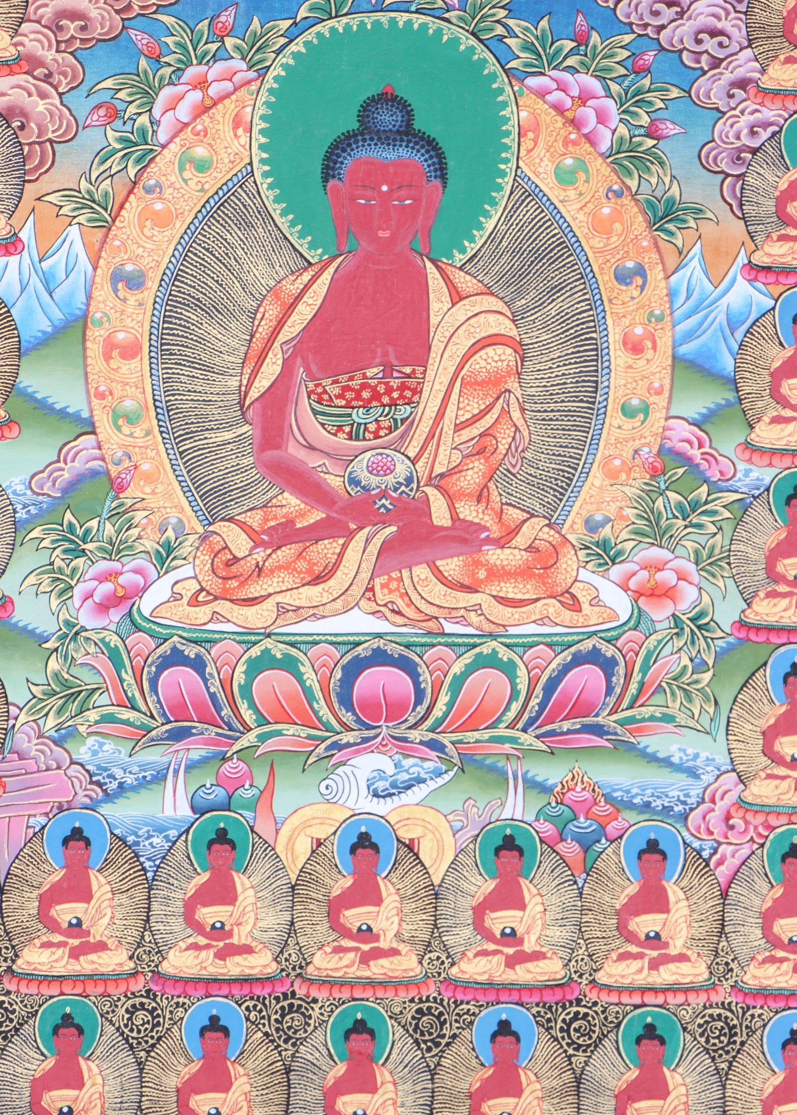 108 Buddha Thangka is an effective visual aid for meditation, contemplation, and devotion.