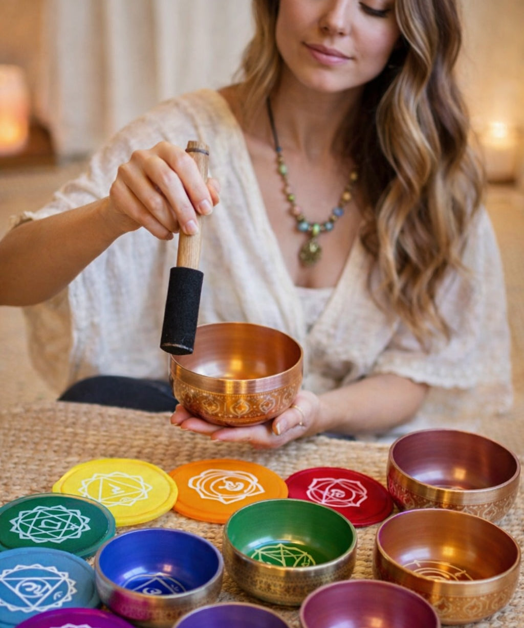 Woman holding a copper singing bowl with various colored bowls and their corresponding chakras on a table.