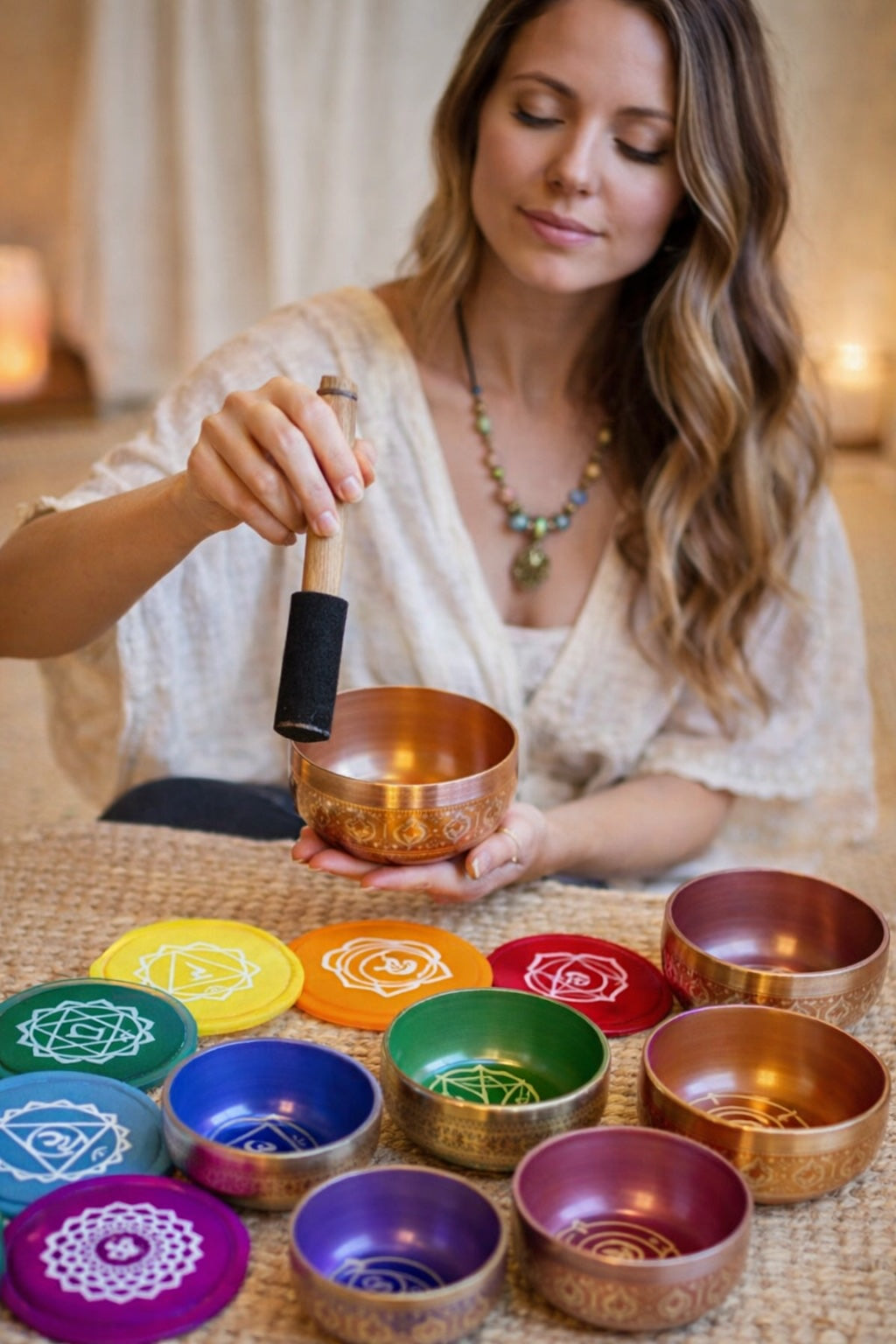 Woman holding a copper singing bowl with various colored bowls and their corresponding chakras on a table.