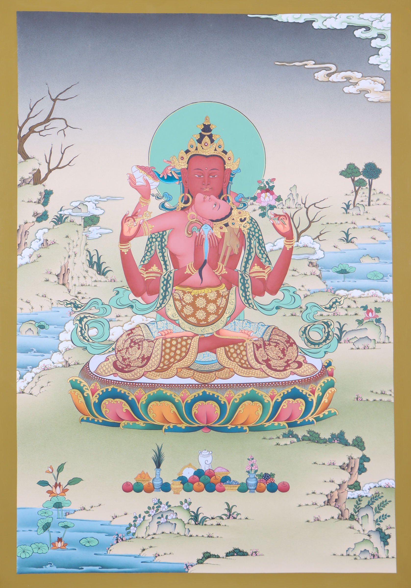 Arya Avalokiteshvara Thangka is a meditation form of odhisattwa Avalokiteswara. High quality Thangka- Karmakagyu