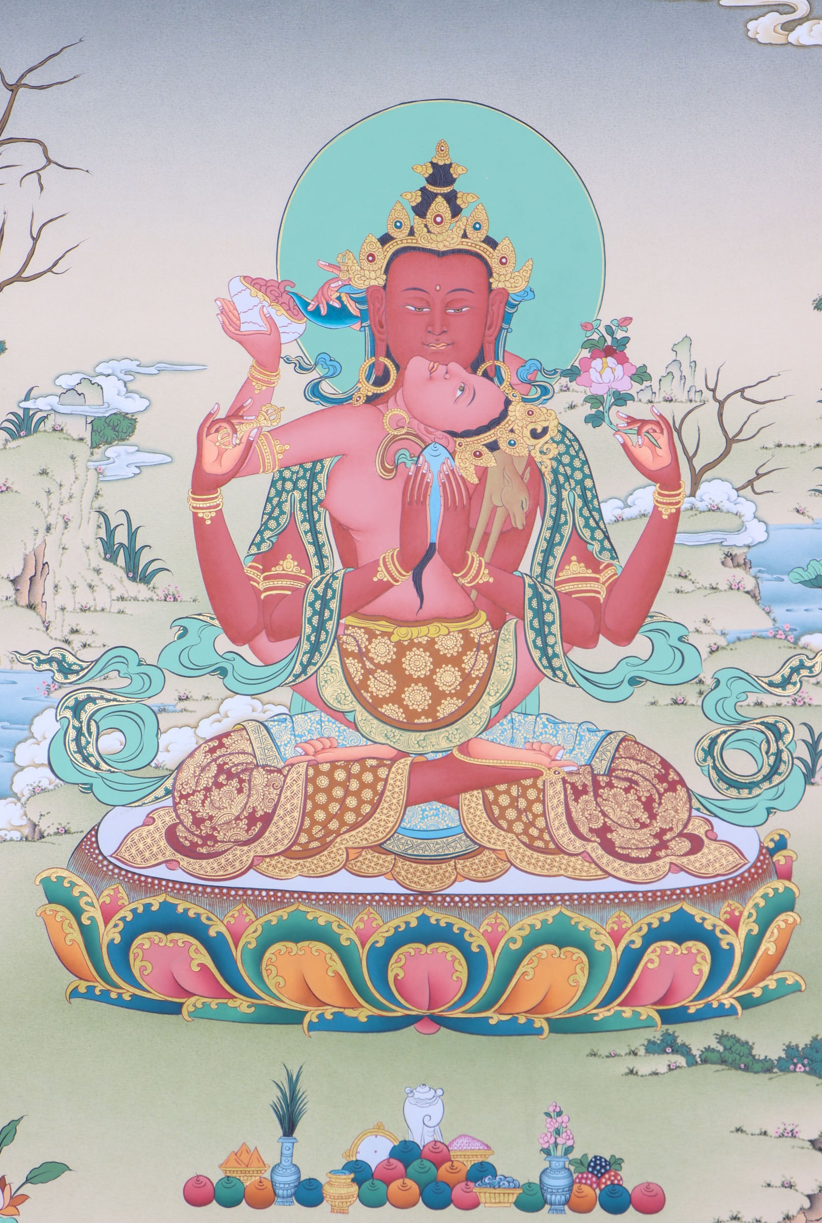 Arya Avalokiteshvara Thangka is a meditation form of odhisattwa Avalokiteswara. High quality Thangka- Karmakagyu