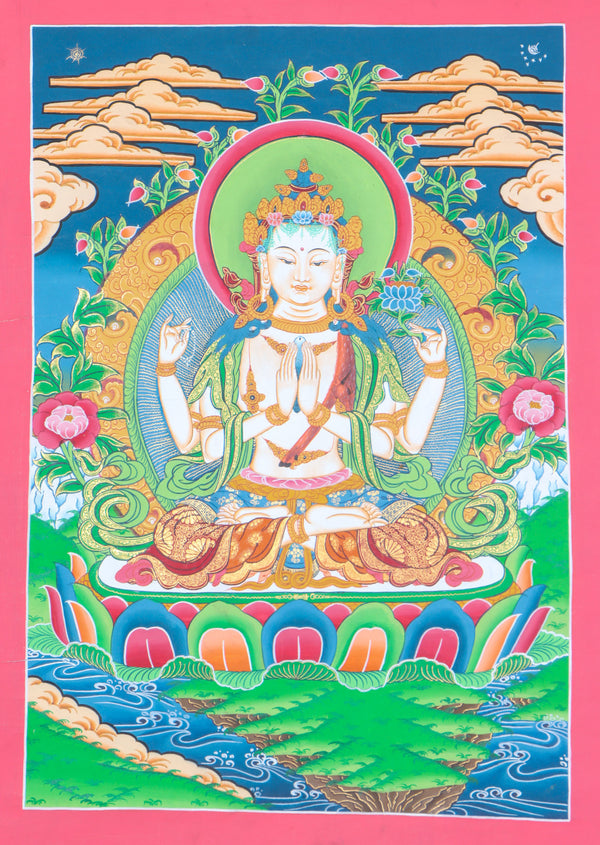 Chengresi Thangka is handmade Painting on Cotton Canvas.