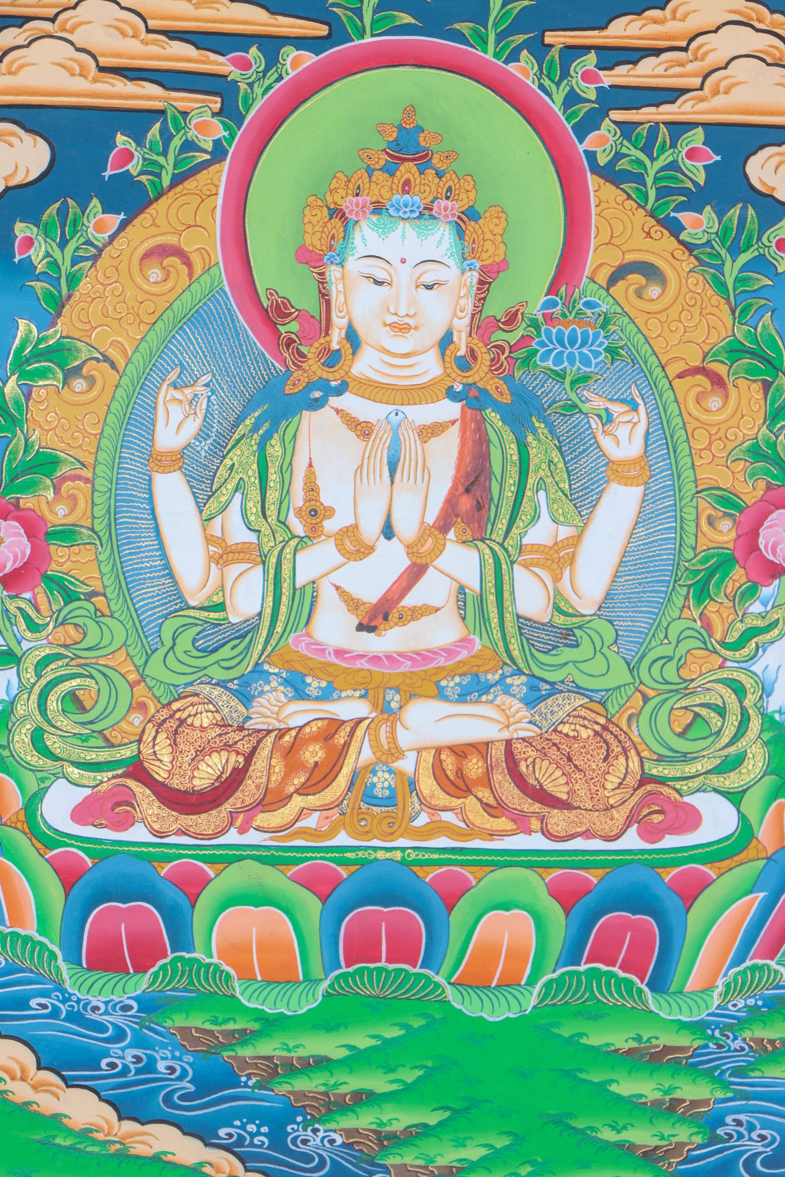 Chengresi Thangka is handmade Painting on Cotton Canvas.