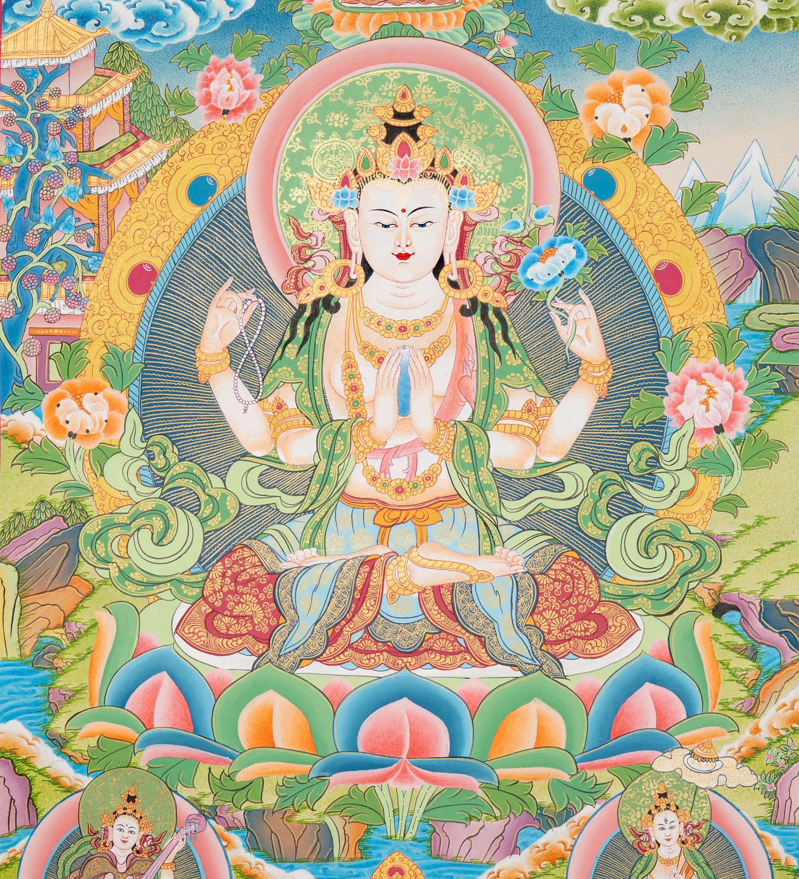 Four-Armed Chengrezig Thangka - Spiritual Art