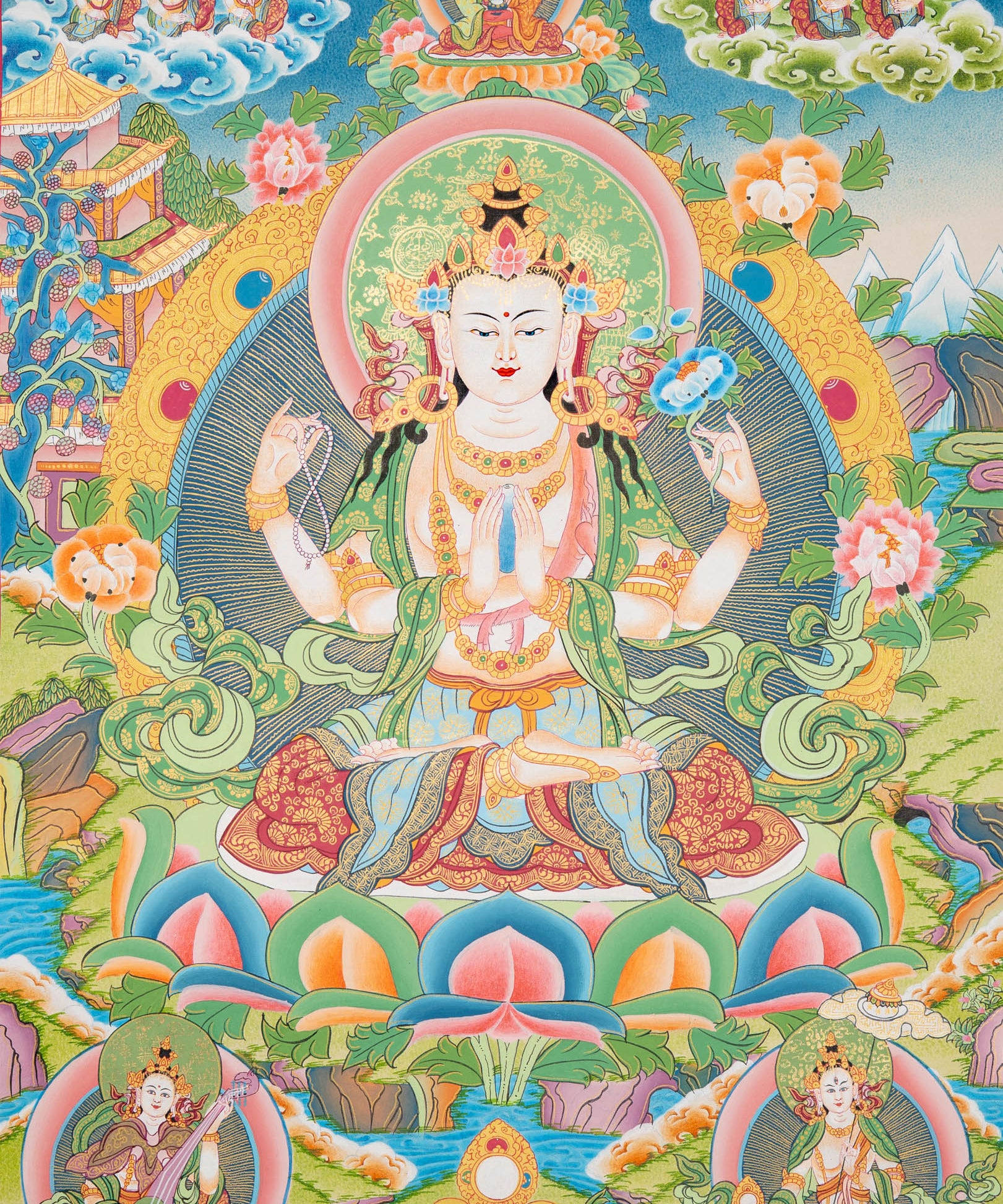 Four-Armed Chengrezig Thangka - Spiritual Art