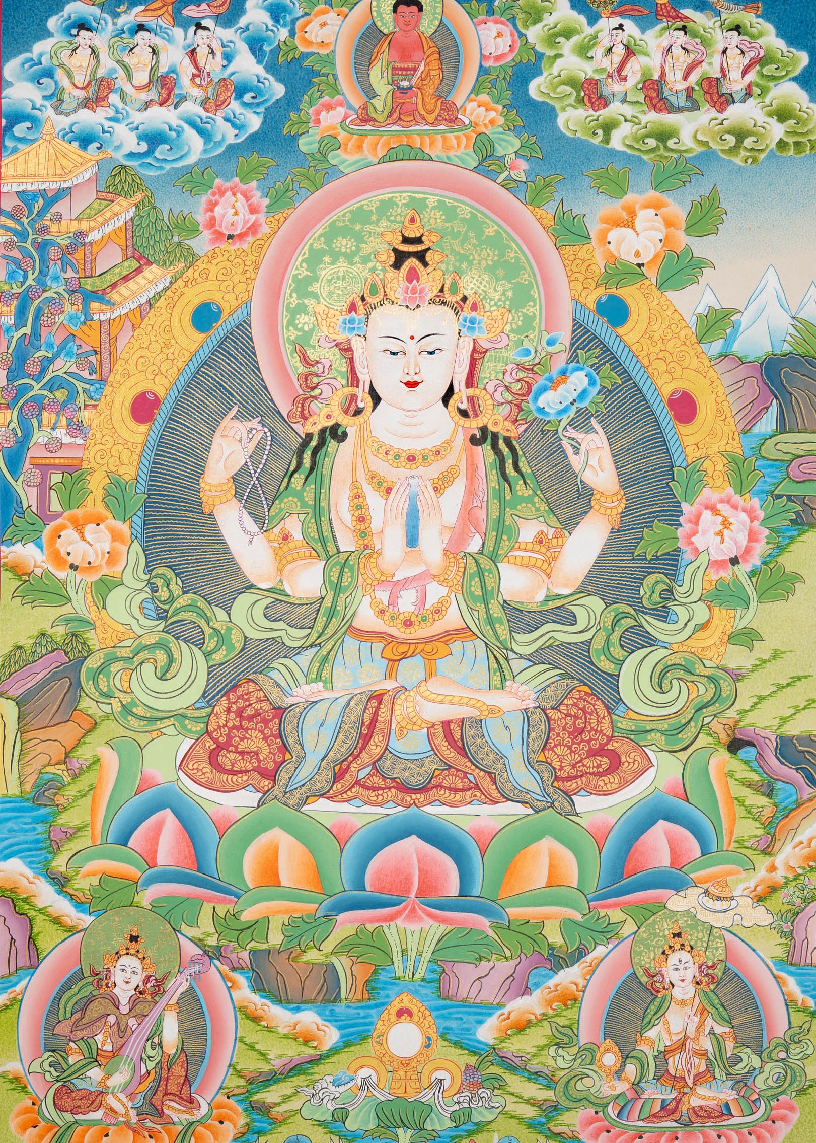 Four-Armed Chengrezig Thangka - Spiritual Art