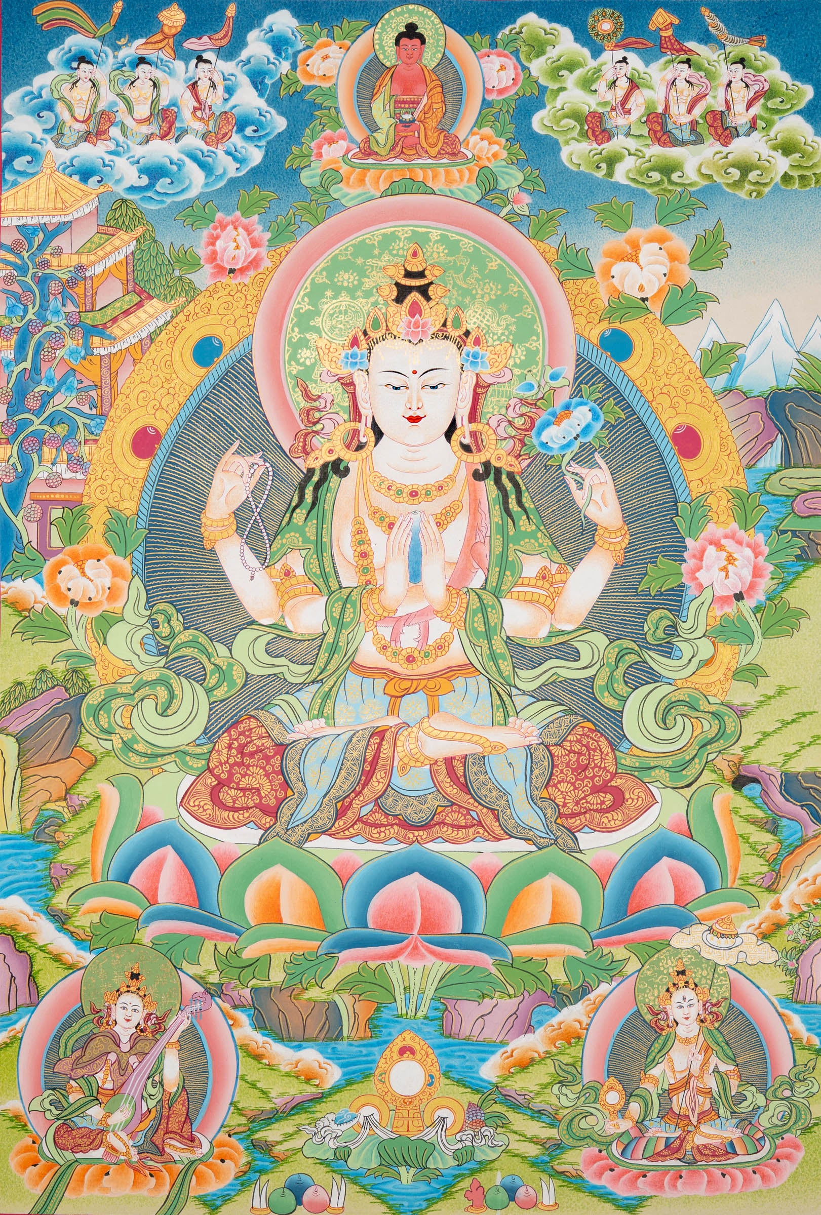 Four-Armed Chengrezig Thangka - Spiritual Art